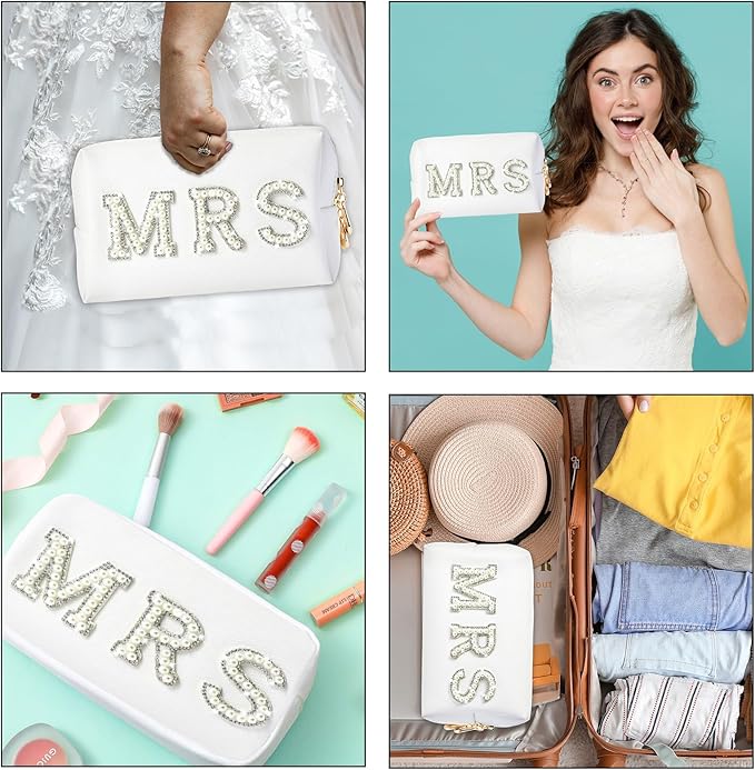 Bride Makeup Bag, Bride Patch MRS Cosmetic Bag, Pearl Rhinestone Letter Toiletry Bag, Wedding Bag, Portable PU Leather Waterproof Zipper Pouch, Bride Gift, Bridal Shower Gift, Engagement Gift