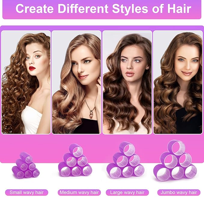 4 Sizes Hair Rollers Set with Clips - 50 Pcs Hair Curlers Rollers for Women, Self Grip Holding Hair Roller for Hair Long Medium Short Bangs Thick Fine Volume Thin, Pink