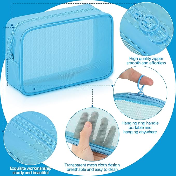 Weewooday 4 Pcs Mesh Makeup Bag Mesh Cosmetic Bag Travel Toiletry Pouch with Zipper Mini Makeup Cosmetic Purse for Daily Accessory(Small, Large, Medium,Blue)