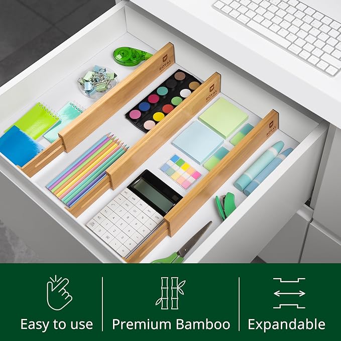 Drawer Divider and Organizer for Kitchen Organization - Adjustable Bamboo Drawer Dividers Organizers (17 - 22") - 4-Pack Expandable Drawer Organization Separators for Kitchen, Bedroom & More, Natural