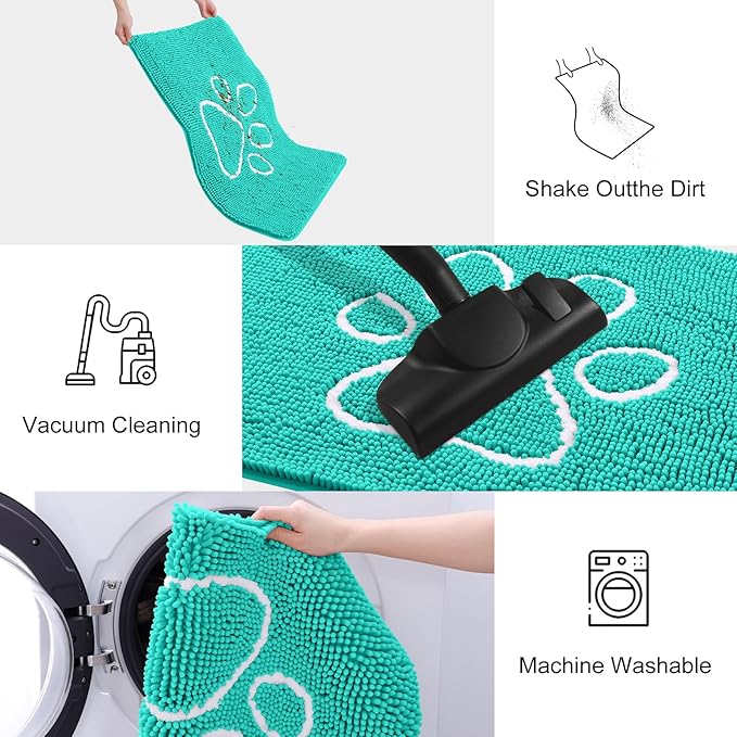Smiry Dog Door Mat for Muddy Paws, Absorbent Dirt Trapper Non Slip Quick Dry Washable Chenille Mat for Mud Dogs, Entry Rug for Indoor and Outdoor (48x30 Inches, Turquoise and White)
