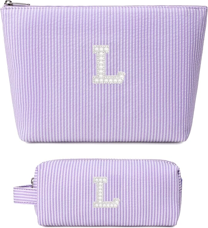 2 Pieces Makeup Bag Set Cute Cosmetic Pouch for Girls Women Stripe Travel Toiletry Bag Makeup Purse Pouch Aesthetic Skincare Brushes Storage Organizer for Christmas Women(Purple L)