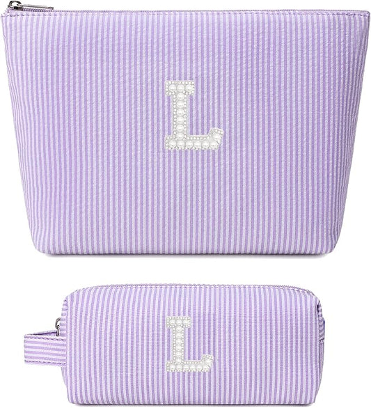 2 Pieces Makeup Bag Set Cute Cosmetic Pouch for Girls Women Stripe Travel Toiletry Bag Makeup Purse Pouch Aesthetic Skincare Brushes Storage Organizer for Christmas Women(Purple L)