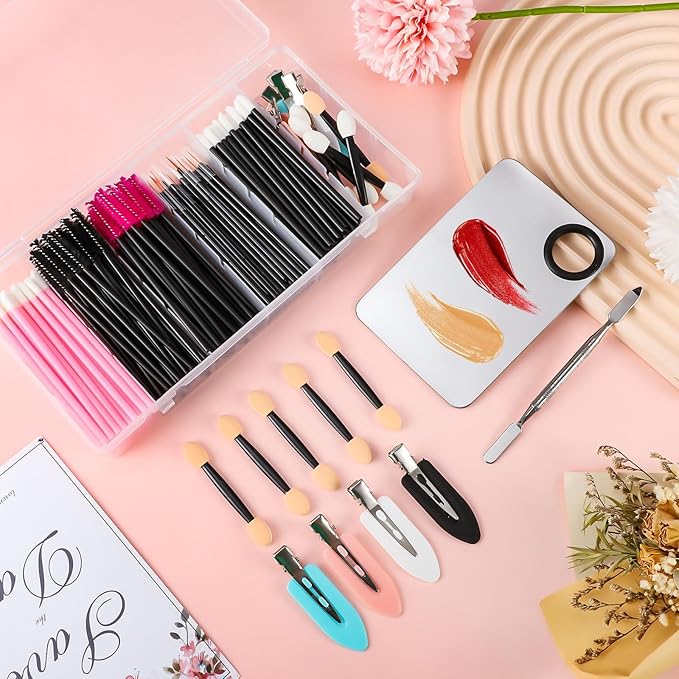 Disposable Makeup Applicators Tools Kit, 100 Mascara Wands 100 Lipstick Applicators 50 Disposable Eyeliner Brushes 10 Eye Shadow Brush with Organizer Box Galentines Valentines Day Gifts