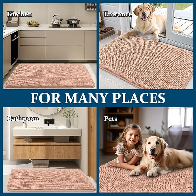OLANLY Dog Door Mat for Muddy Paws 45x27, Absorbs Moisture and Dirt, Absorbent Non-Slip Washable Doormat, Quick Dry Chenille Mud Mat for Dogs, Entry Indoor Entryway Carpet for Inside Floor, Peach