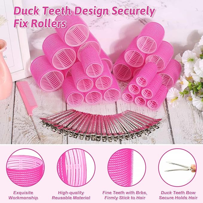 50 Pcs Rollers Hair Curlers Set with 24Pcs Self Grip Hair Rollers 4 Sizes and 24 Pcs Clips for Blowout Look Long Medium Short Thick Hair Volume