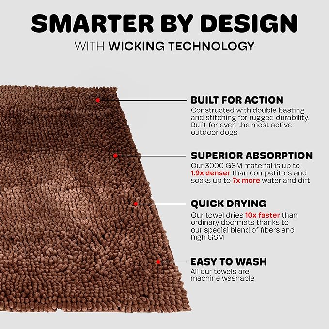 Dog Gone Smart Dirty Dog Doormat - Fast Drying Rug with Super Gripper Backing for Clean Floors - Super Absorbent Microfiber and Machine Washable Mat for Muddy Paws - Brown