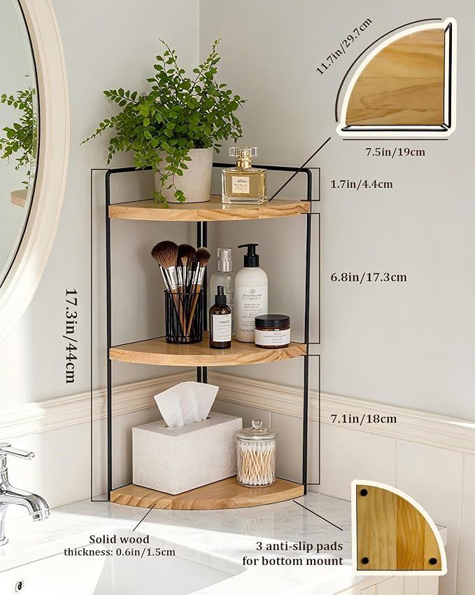 3-Tier Bathroom Corner Counter Organizer, Solid Wood Countertop Organizer, 3-Coat Waterproof Paint & Sturdy Metal Frames | Space-Saving Vanity Storage for Toiletries/Cosmetics (Natural)