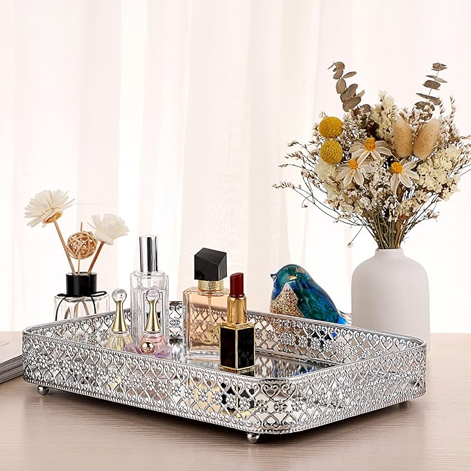 ELLDOO Perfume Mirror Tray Vanity Makeup Hollow-Carved Jewelry Organizer Glass Metal Trinket Storage Tray Home Decor Organizer for Dresser Bathroom Countertop,Silver,Medium Size