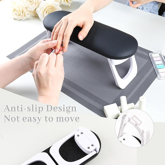 Nail Arm Rest, Professional Foldable PU Leather Nail Hand Rest with PVC Table Mat for Acrylic Nails, Soft Nail Hand Pillow Non-slip for Manicure Salon Use (higher-Black)
