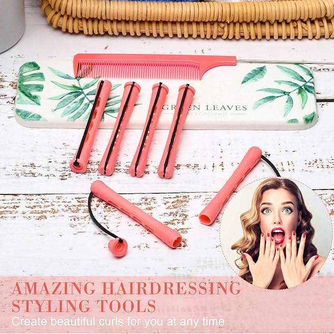 WILLBOND 96 Pcs Hair Perm Rods Plastic Cold Wave Perming Rod for Short Long Hair Curlers Heatless Roller with 2 Steel Pintail Rat Tail Comb for Hairdressing Styling Tool(0.51 Inch/ 1.3 cm,Pink)