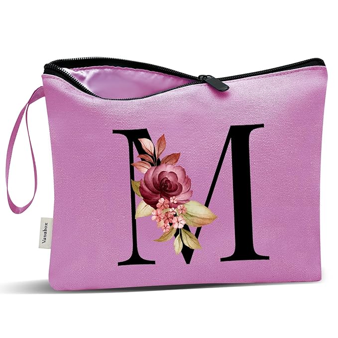 Vavabox A-Z Personalized Makeup Bag, Birthday Gifts for Women Mom, Gifts for Best Friend, Bride Bridesmaid Cosmetic bag (M, Purple)