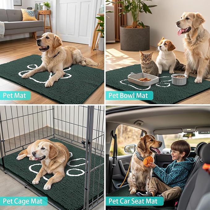 Smiry Dog Door Mat for Muddy Paws, Absorbent Dirt Trapper Non Slip Quick Dry Washable Chenille Mat for Mud Dogs, Entry Rug for Indoor and Outdoor (36x24 Inches, Green and White)
