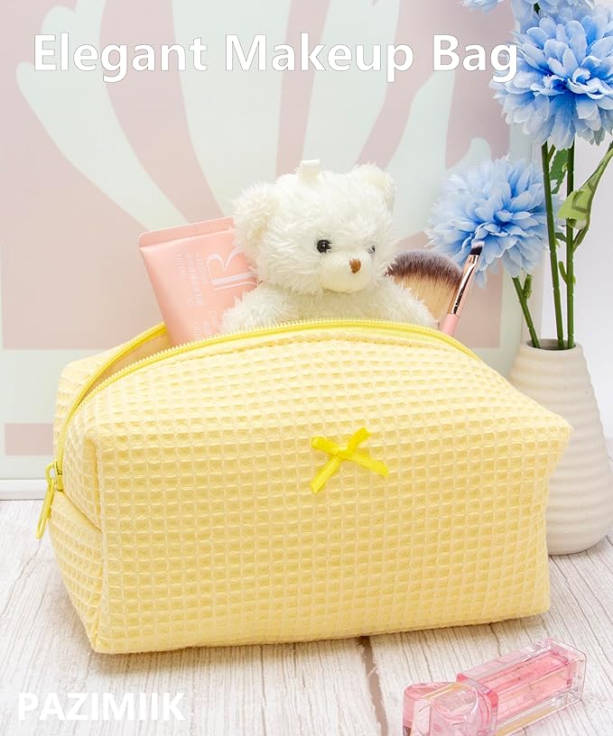 PAZIMIIK 6PCS Cozy Makeup Bag Travel Cosmetic Bag for Women Soft Toiletry Bag Aesthetic Makeup Organizer Portable Large Zipper Pouch for Skincare Beauty Accessories Brushes Waffle Check Yellow