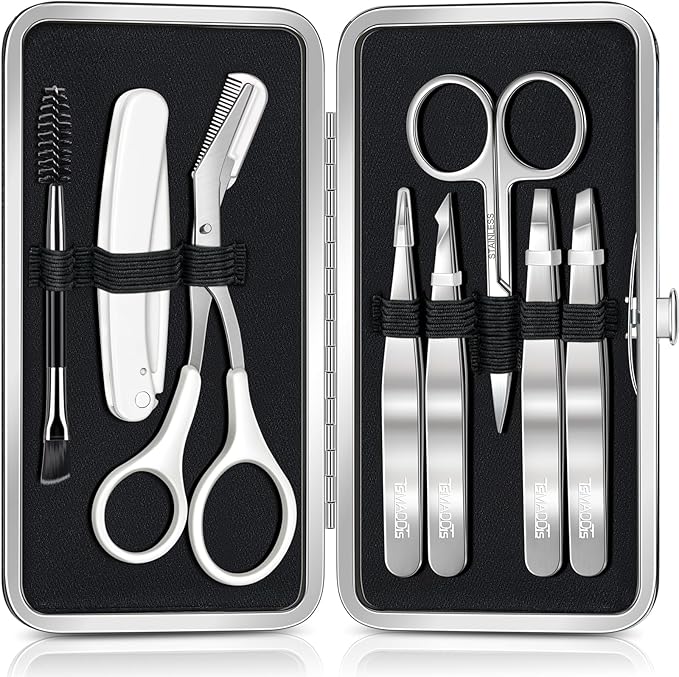 TsMADDTs Tweezers for Women Facial Hair, 8 in 1 Eyebrow Kit with Tweezers, Scissors, Razor, Brush with Travel Bag, Eyebrow Shaping Kit