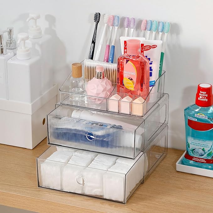 3-Tiers Makeup Organizer with Drawer, Stackable Skincare Storage Box for Vanity and Bathroom, Beauty Essentials, Cosmetic Brushes, Perfume Stand, Large Lipsticks Holder