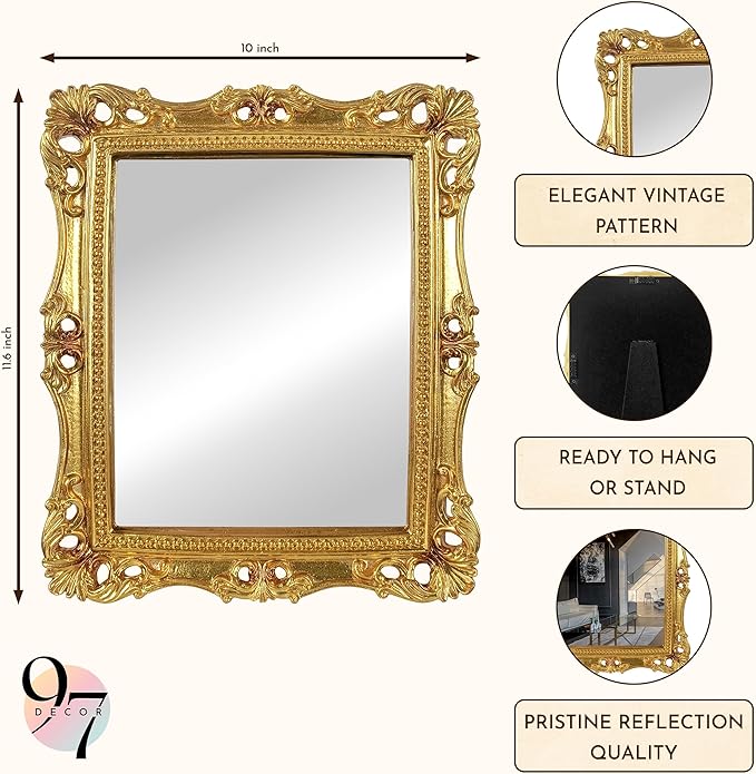 97 Decor Antique Gold Wall Mirror Vintage Decor - Square Gold Decorative Mirror for Table Top and Wall Mounting, Vintage Mirrors Frame for Home, Bedroom, Makeup Room (11x9.5 Inch)