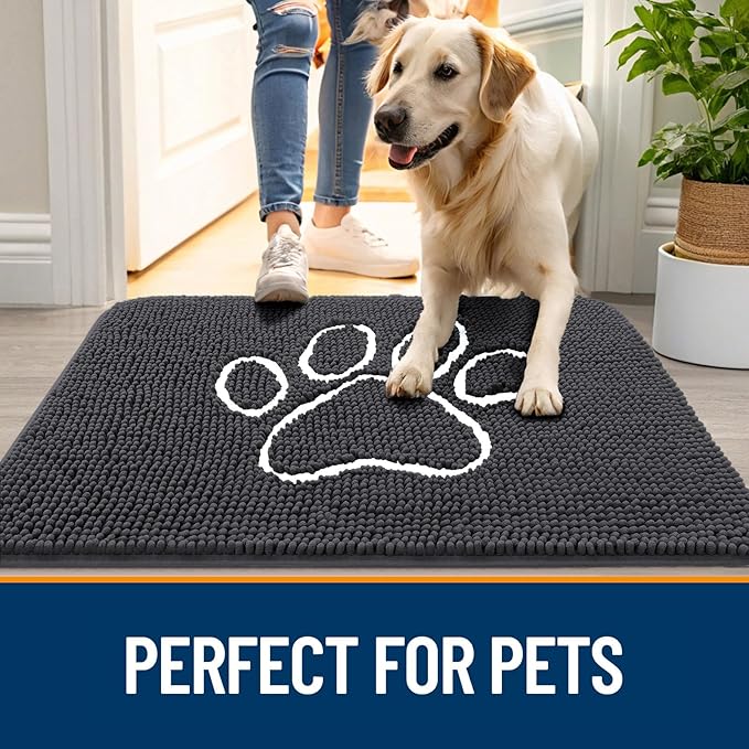 OLANLY Dog Door Mat for Muddy Paws 30x20, Paw Print Design, Absorbs Moisture and Dirt, Absorbent Non-Slip Washable Doormat, Quick Dry Chenille Mud Mat for Dogs, Entry Indoor Entryway Carpet, Dark Grey