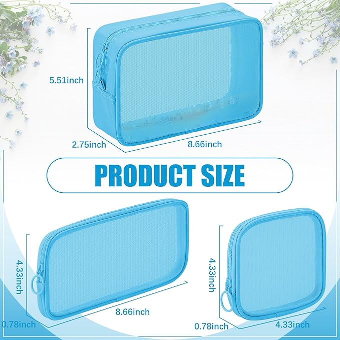 Weewooday 4 Pcs Mesh Makeup Bag Mesh Cosmetic Bag Travel Toiletry Pouch with Zipper Mini Makeup Cosmetic Purse for Daily Accessory(Small, Large, Medium,Blue)