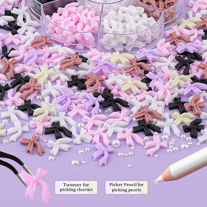 BELLEBOOST 1 Box 3D Bow Nail Charms and Flatback Pearls Set 7, 120 Pcs Cute Bow Charms in 6 Colors for Nail Design + 2-4mm White Nail Pearls with Pickup Tweezer and Pencil for Nail Art Decoration