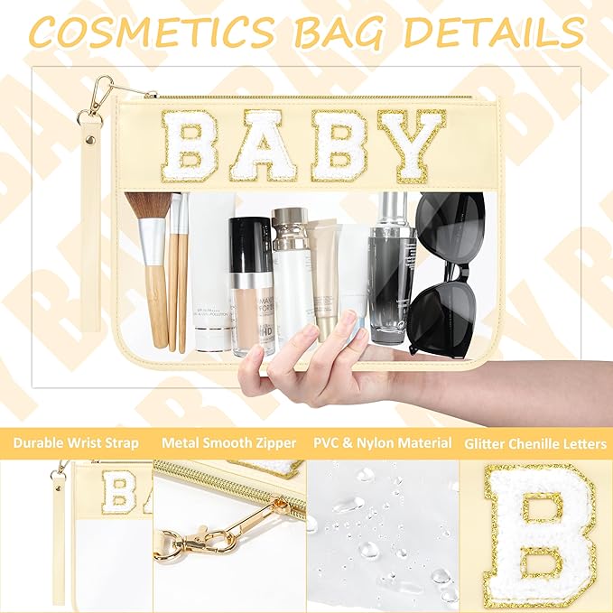 2 Pcs Preppy Patch Clear Baby Bag, Women Chenille Letter Makeup Cosmetic Bag for Travel, PVC Waterproof Organization Outdoor Zipper Pouch Toiletry Bag for Women Girl