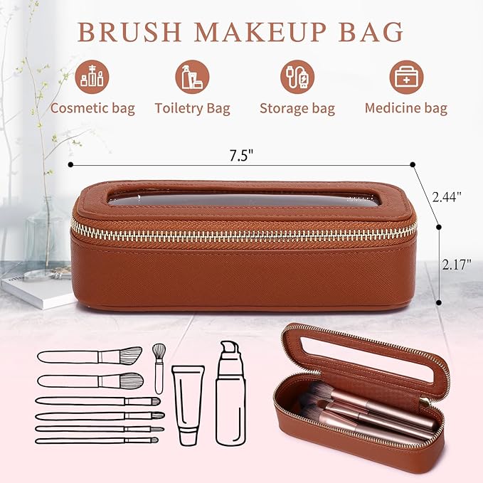 Clear Travel Makeup Bag with Brush Case Portable Transparent Cosmetic Bag and Toiletry Bag Waterproof Makeup Organizer with Zipper Car Essential for Women (Brown, M+Slim)