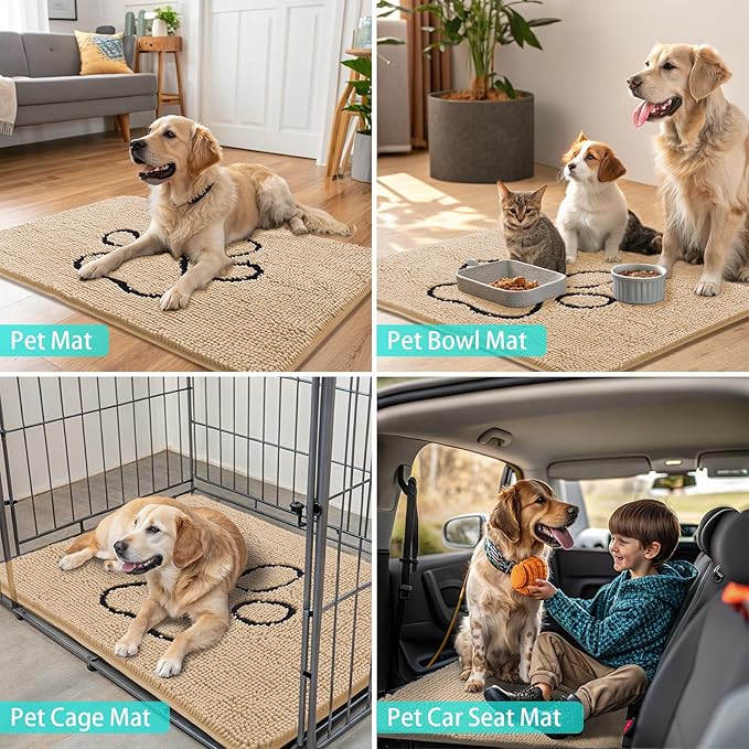 Smiry Dog Door Mat for Muddy Paws, Absorbent Dirt Trapper Non Slip Quick Dry Washable Chenille Mat for Mud Dogs, Entry Rug for Indoor and Outdoor (48x30 Inches, Beige and Black)
