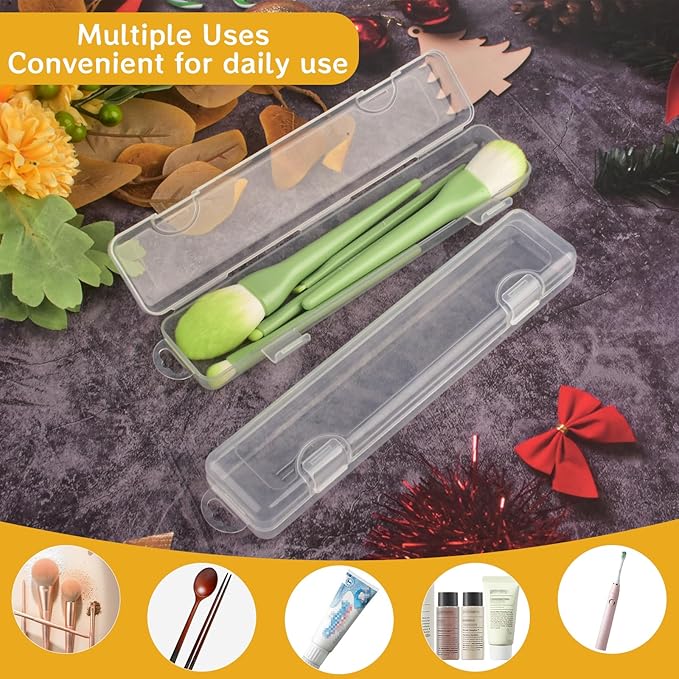 Travel Cosmetic Brush Holder 2 PCS Portable Cutlery Case with Lid and Air-holes Multi-functional Clear Plastic Storage Container for Cutlery Toothbrush Makeup Brush, 9.1 x 1.9 x 1.2in