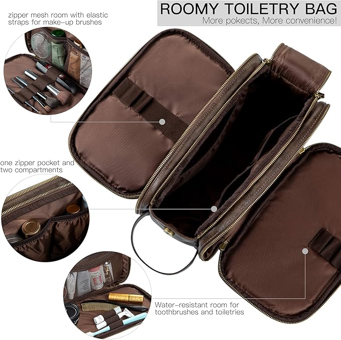 Elviros Toiletry Bag for Men, Large Travel Shaving Dopp Kit Water-resistant Bathroom Toiletries Organizer PU Leather Cosmetic Bags Fathers Day Gift (Medium, Chocolate)