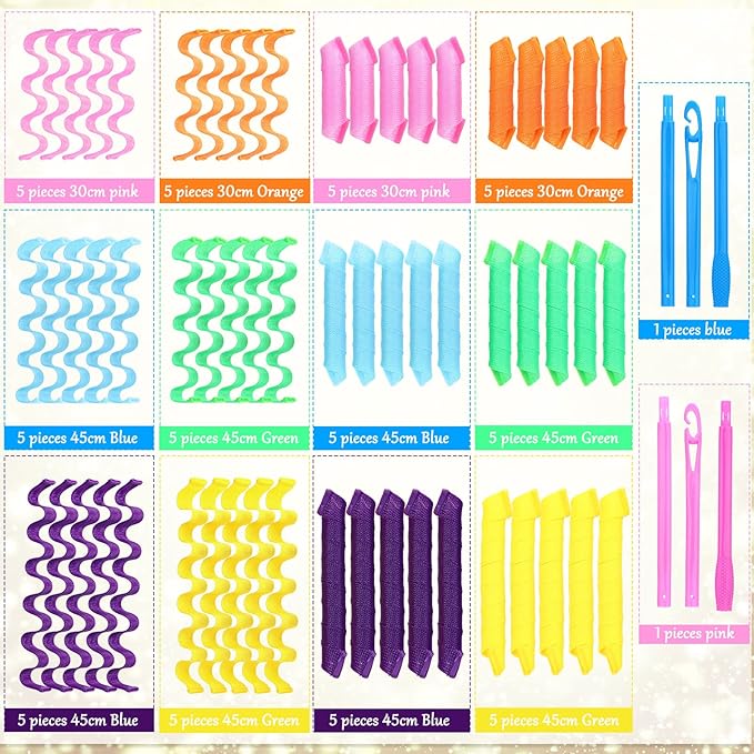 60 Pcs Heatless Wave Curlers No Heat Hair Curlers Rollers Spiral Styling Kit 2 Styles, 22'' 18'' 12'' Wave DIY Rollers for Women Short Long Hair with 2 Styling Hooks
