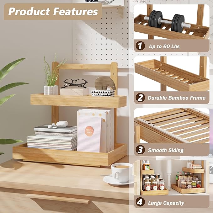 Bamboo Under Sink Organizer and Storage, 2 Tier Pull Out Cabinet Organizer, Slide Out Under Sink Storage Shelf, Undersink Organizers Shelves for Kitchen Bathroom Organization