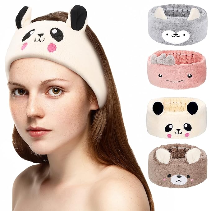 Chuangdi 4 Pieces Animal Hair Bands Face Wash Headband Spa Animal Ears for Skincare Makeup Spa Headband Washing Face Coral Fleece Plush Hairband for Women Girls(Stylish Style,Cute Colors)