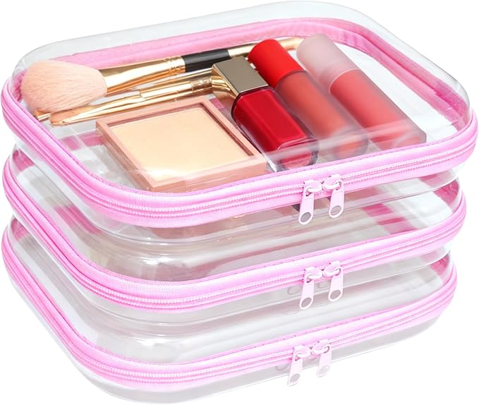 3PCS Clear Hard Plastic Zipper Case, Double Zippers Hard Pouch, Portable Travel Organizer Bin Clear Makeup Bag for Toy Storage, Snack Bag, Cosmetics, Pencil Case, Diaper Bag, Toiletry Bag(3PCS-M-Pink)