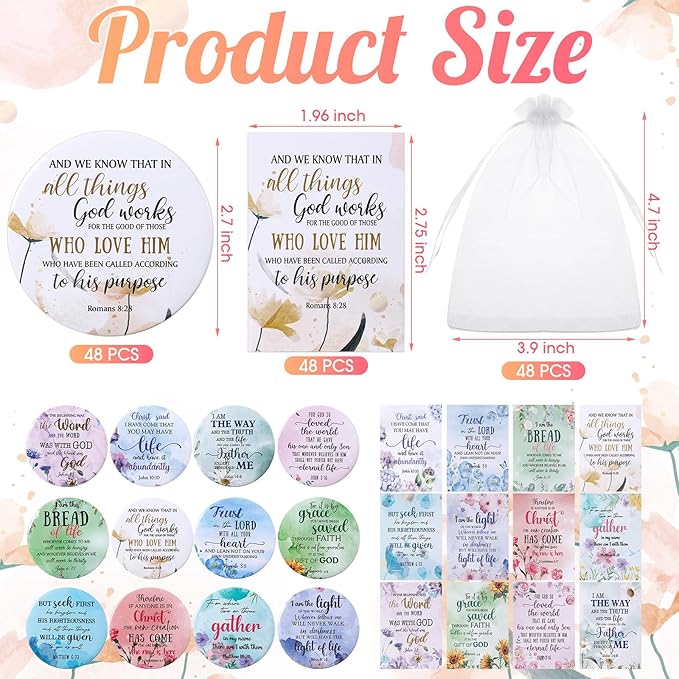 48 Sets Christian Gifts for Women Bible Verse Compact Mirror with Card Bag Inspirational Pocket Makeup Mirror Galentine Valentine Gifts for Mother Church Group Sunday School(Flower Color)
