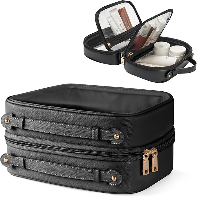 Clear Cosmetic Bag Double Layer Travel Toiletry Bag Clear Makeup Bag Case with 4 Compartments, Transparent Travel Bag for Toiletries, Large Toiletry Bag for Women Cosmetic Case (Black, Large)