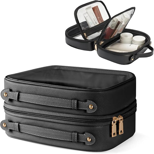 Clear Cosmetic Bag Double Layer Travel Toiletry Bag Clear Makeup Bag Case with 4 Compartments, Transparent Travel Bag for Toiletries, Large Toiletry Bag for Women Cosmetic Case (Black, Large)