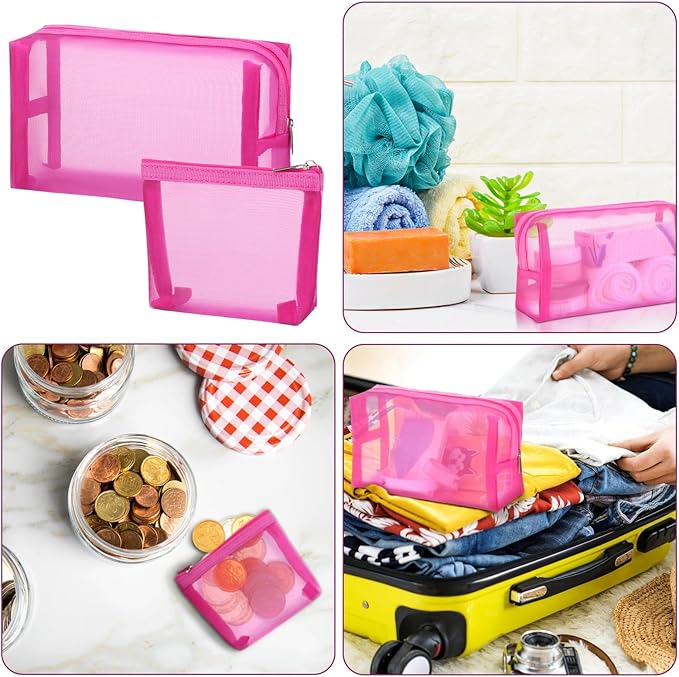 Boao 3 Piece Mesh Cosmetic Bag Mesh Makeup Bag with Zipper Pouch Travel Toiletry for Makeup Organizer Home Office Travel Accessories(Rose Red)