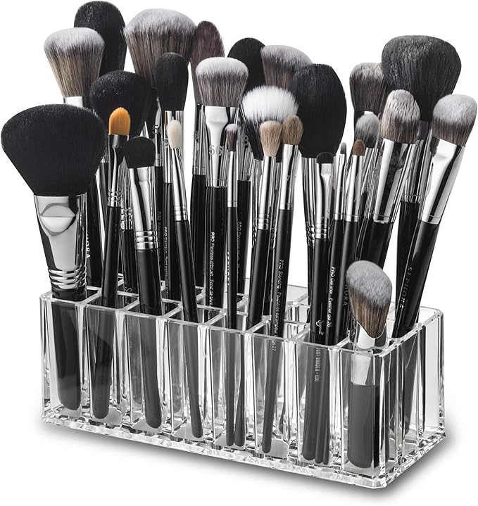 BY ALEGORY (Set Of 2) Acrylic Makeup Brush Organizer 24 Space Storage w/Deep Slots For Cosmetic Beauty Brushes Refillable Container - Clear