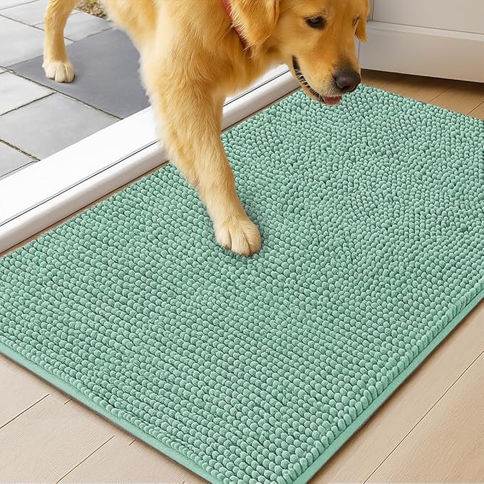 MudGuard Mat™ Dog Door Mat for Muddy Paws, Super Absorbent Microfiber, Non-Slip Indoor Mat, Quick Dry Chenille Mud Mat for Dogs & Entryway, Washable, Sea Green 19" x 30"