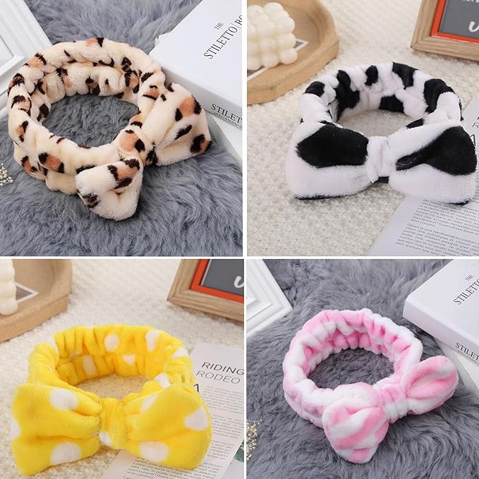 12pcs Spa Headband Soft Bowknot Spa Hair Band Coral Fleece Headband Makeup Headbands for Face Washing Skin Care Shower Yoga Headwraps for Women Girls (Pattern G)