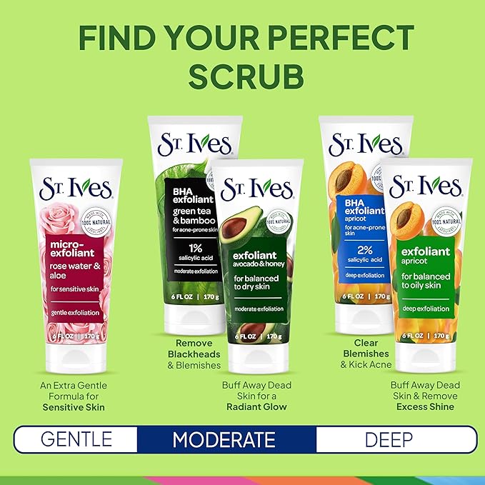 St. Ives Blackhead Clearing Face Scrub, Clears Blackheads & Unclogs Pores, Green Tea & Bamboo, Salicylic Acid Acne Treatment Facial Scrub, Moderate Exfoliator Skin Care with Natural Exfoliants 6 oz