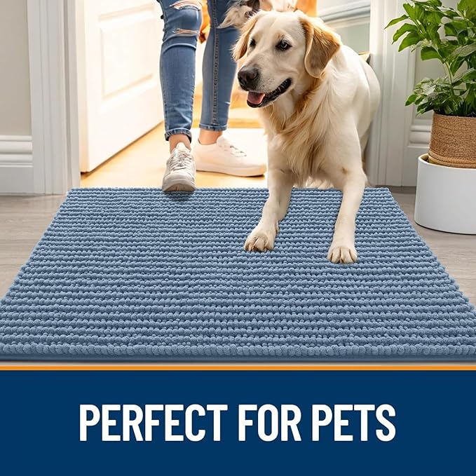 OLANLY Dog Door Mat for Muddy Paws 47x24, Ultra Absorbent Chenille Mud Doormat, Non-Slip Washable and Dirt Trapping Doormat for Indoor Entryway, Quick-Dry Indoor Pet Bed Mats for Dogs, Airy Blue