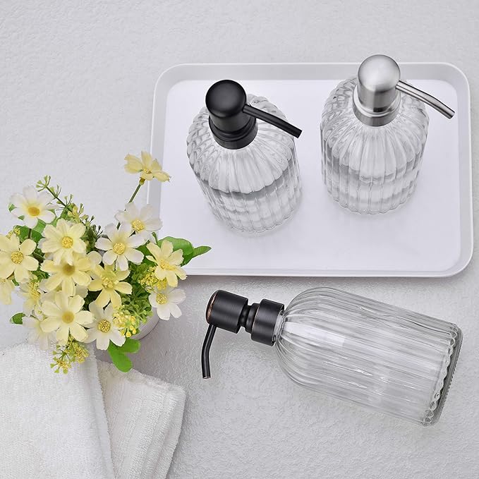 16Oz Bathroom Glass Soap Dispenser with Black Rust Proof Pump,Premium Kitchen Soap Dispenser with Vertical Stripe, Lotion Dish Dispenser for Modern Home Decor, Countertop, Hotel