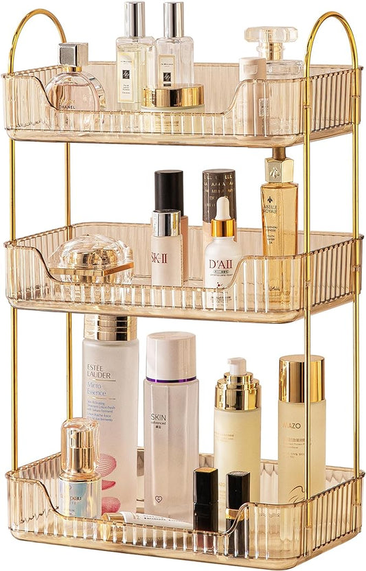 3 Tier Bathroom Organizer Countertop Makeup Perfume Tray Skincare Organizer for Bathroom Dresser Vanity (Gold)