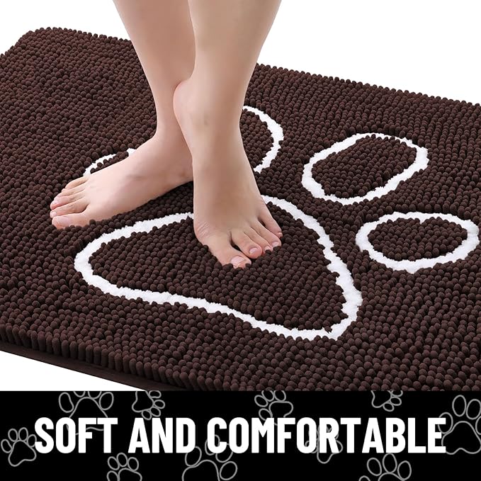 Smiry Dog Door Mat for Muddy Paws, Absorbent Dirt Trapper Non Slip Quick Dry Washable Chenille Mat for Mud Dogs, Entry Rug for Indoor and Outdoor (44x32 Inches, Brown and White)