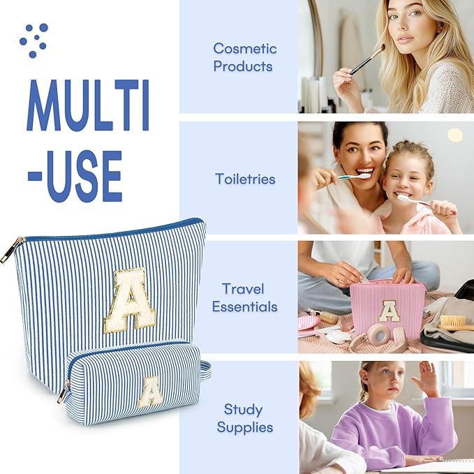 2 PCS Initial Makeup Bags for Women: Cosmetic Bag for Travel Toiletry - Birthday Gifts for 11 12 13 14 15 16 17 18 Years Old Girl Graduation Teacher Gift- Teen Girl Gifts Trendy Stuff - Blue V