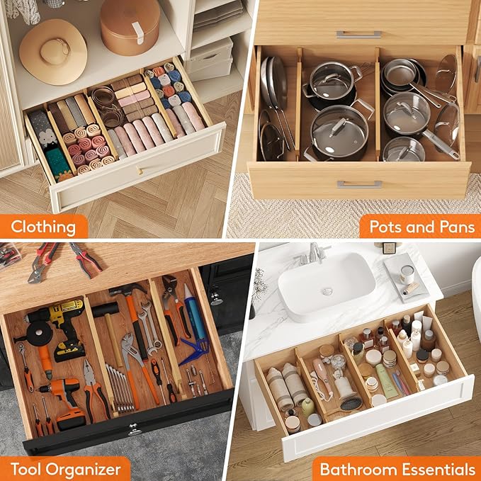 Lifewit 4 Pack 5" Deep Bamboo Drawer Dividers, 17.5-22" Expandable Drawer Organizers for Clothes, Adjustable Dresser Drawer Divider, Clothing Drawer Separators for Dresser, Bedroom, Bathroom, Kitchen