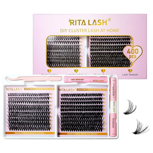 RITALASH Lash Extension Kit DIY Lash Clusters Kit 400pcs Cluster Lashes Individual Lashes Eyelash Extension Kit with Lash Bond and Seal,Lash Remover,Lash Tweezers(40D+60D Cluster Kit,8-16mm)