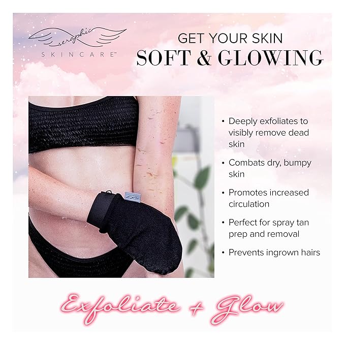 Seraphic Skincare Original Premium Exfoliating Mitt for Body (2pc) – 100% Vegan Viscose Traditional Body Scrub Glove Kessa Korean Washcloth – Body Exfoliator for Self-Tan Removal & Keratosis Pilaris