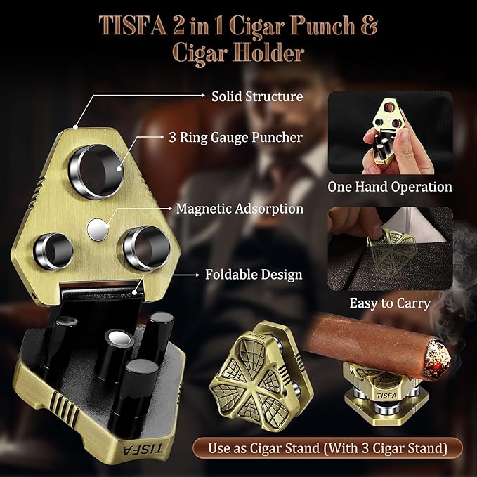 TISFA Cigar Punch Tool, Cigar Punch Cutter with Cigar Holder 2 in 1, Foldable 3 Sizes Cigar Hole Punch and 3 Cigar Stand Cigar Kit, Multifunctional Stainless Steel Puncher with Gift Box (Bronze)